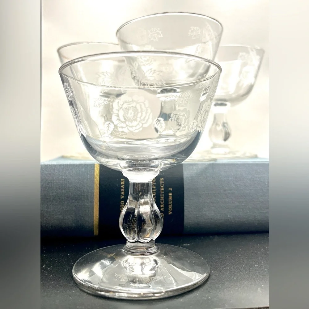 Homer Laughlin 1950’s Queen Esther Rose Floral Etched Sherbert Glasses Set of 4